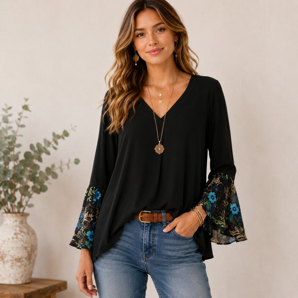 Susan Graver Liquid Knit Blouse Women Sz L Black Floral Embroidered Bell Sleeves